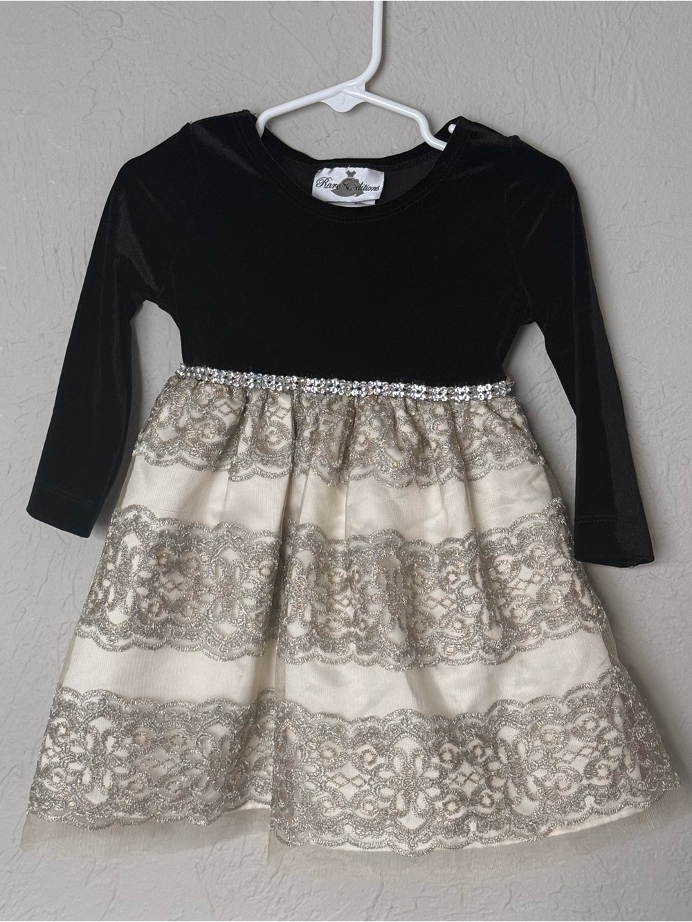 Rare Editions Black Velvet and Ivory Dress with Gold Lace 2T